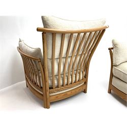 Ercol 'Renaissance' light ash framed three piece suite - three seat sofa and pair matching armchairs, with loose cushions upholstered in cream fabric