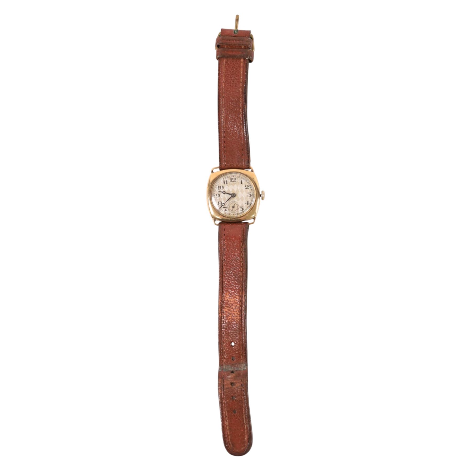 Early 20th century 9ct gold manual wind wristwatch, silvered dial with subsidiary seconds dial, Chester 1929