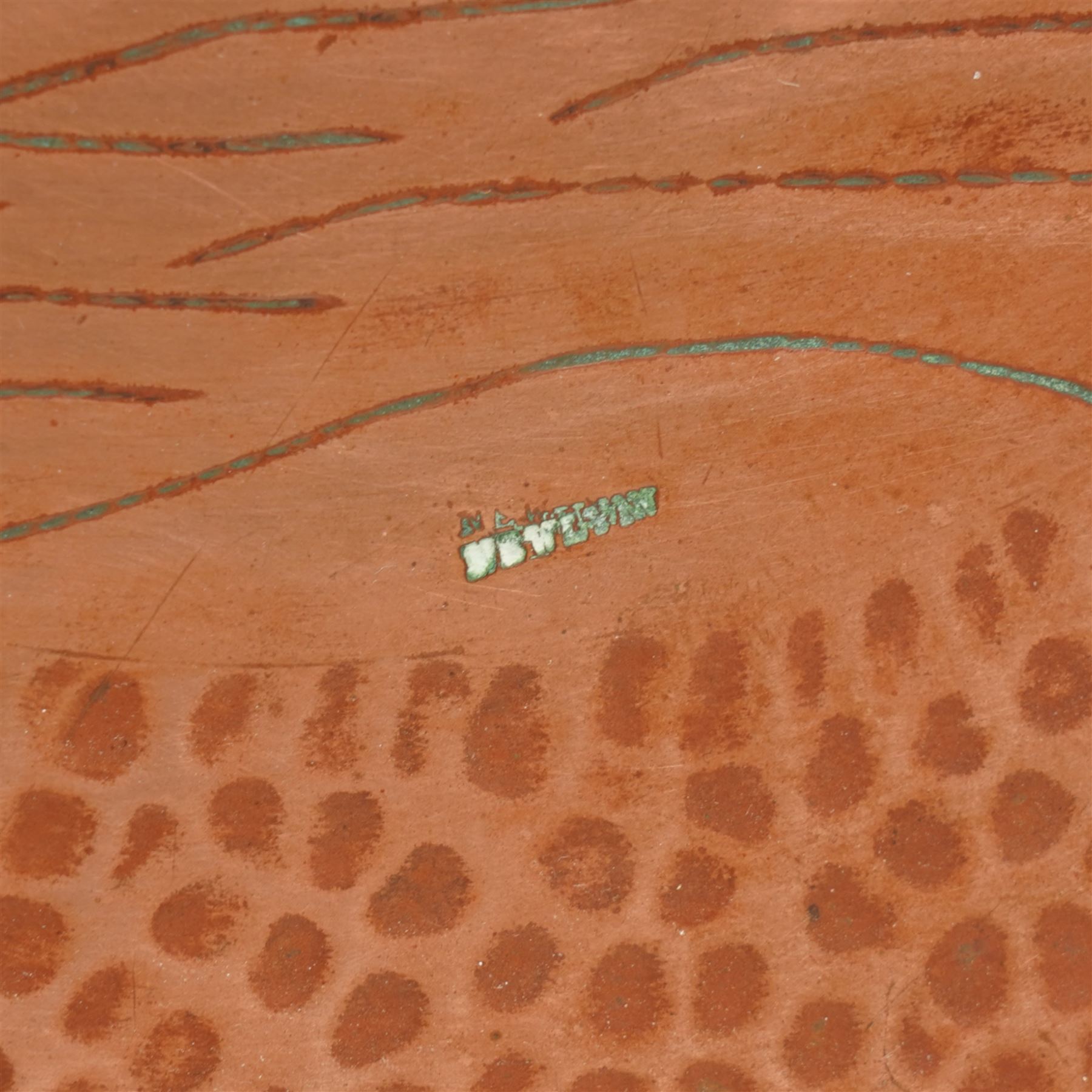 Newlyn Arts and Crafts copper square section vase with flowers and strapwork decoration H21cm and a Newlyn beaten copper circular tray with raised rim and centre panel of a yacht D28cm, both stamped 'Newlyn' (2)