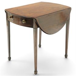 Small early 19th century George III mahogany Pembroke table of small proportions, the oval drop-leaf top with mahogany banding, fitted with twin opposing bow-fronted frieze drawers with brass pull handles, on square-tapering supports with spade feet