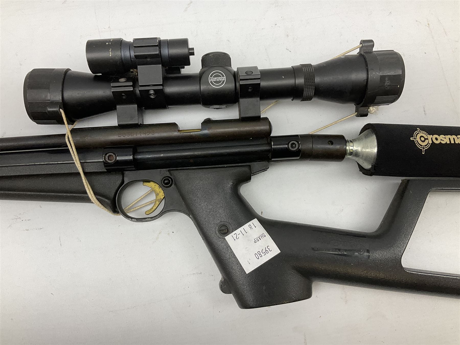 Crosman .22 air rifle with gas cylinder, model AS2250, with bolt action, skeleton stock, moderator and Hawke 4x32 telescopic sight with infra red facility, serial no.803B11493, L88.5cm