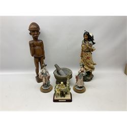 Thai stone pestle and mortar, carved wood figure, other composite figures etc