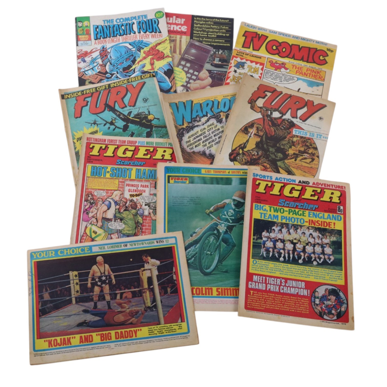 Collection of vintage comics and magazines, including Shoot, Tiger, Action, etc