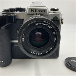 Nikon FE2 camera body, serial no. 2043167, with 'Nikon Zoom-NIKKOR 35-70mm 1:3.3-4.5' lens, serial no 3006624 and Nikon MD-12 Motor Drive, serial no. 1679037
