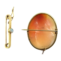  Gold mounted cameo brooch and gold bar brooch set with an opal, both stamped 9ct   