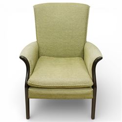 Parker Knoll - ‘Froxfield’ armchair, with upholstered back and seat in striped green fabric, on dark stained bentwood arms and front supports