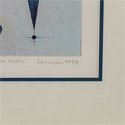 Hans-Joachim 'Jockel' Reisner (German 1938-2023): 'Arche Noah' and Geometric Abstract, pair of coloured etchings signed and dated 1998 and 2003, one titled in pencil 22cm x 15.5cm (2)
Notes: Reisner is best known for creating the Bradford City Fire Memorial in 1986. His style of printmaking is characterised by geometric lines and shapes, influenced by his degree in engineering.