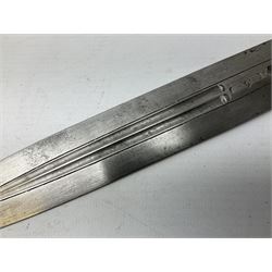 19th century Khanjali dagger, 33.5 cm double edged fullered blade with stamped makers marks, ornate cast grip, with engraved white metal scabbard, 46cm overall