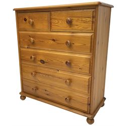 Polished pine chest, two over four drawers (W85cm, H97cm, D39cm); pine bedside chest (W46cm, H57cm, D39cm)