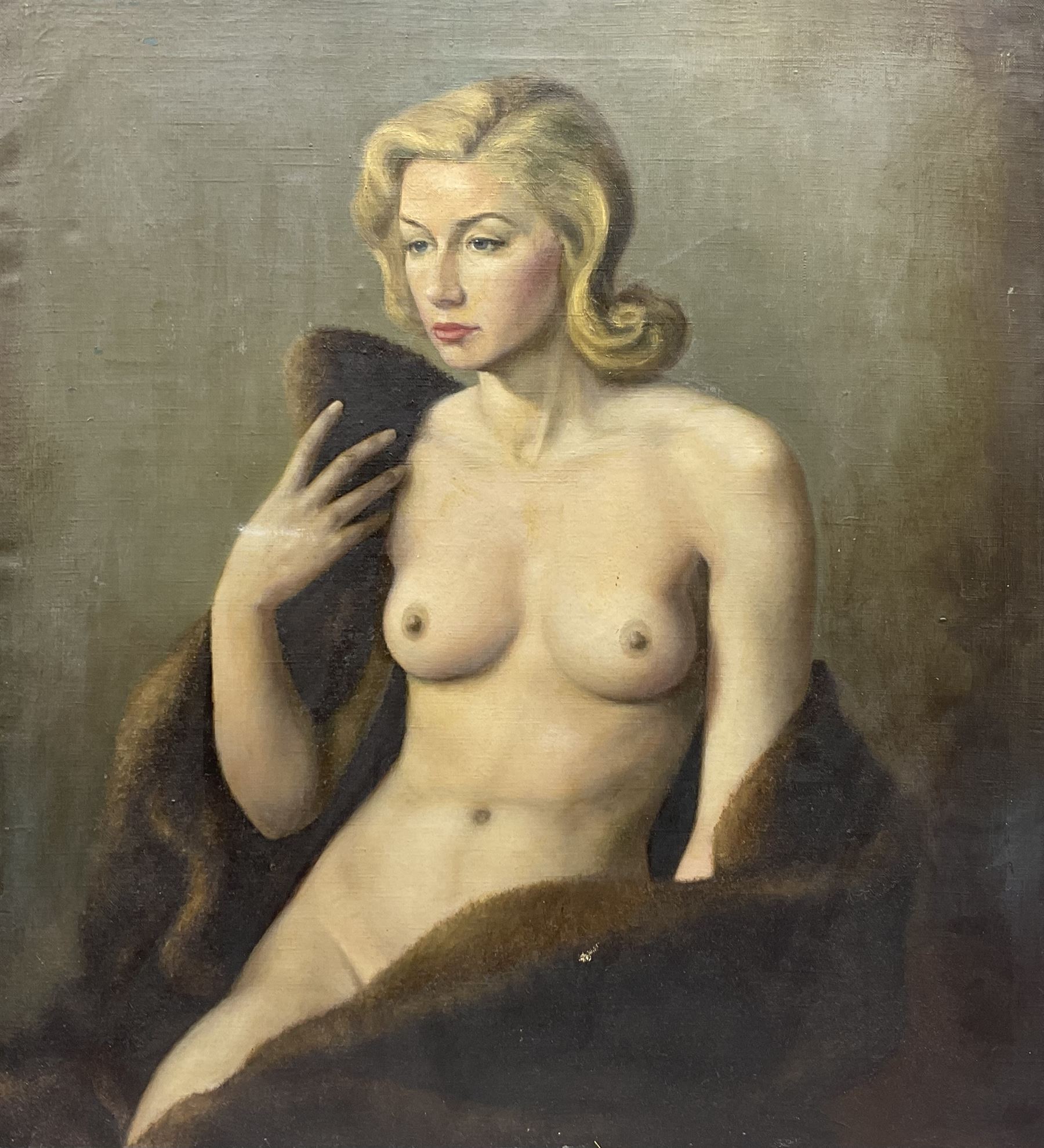 English School (mid 20th century): Half Length Seated Portrait of a Nude 1940's Woman, oil on canvas unsigned 57cm x 51cm