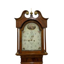 Benjamin Bothamley of Boston (Lincs)-Early 19th century oak and mahogany 8-day longcase clock c 1820,  with a swan neck pediment, brass ball and spire finial and paterie, with detached pilasters to the hood door and curved back spats, trunk door with inlay, crossbanding and shaped curved top, rectangular plinth raised on bracket feet, painted dial with images of fruit to the spandrels and  a cameo depiction of a maiden and dog to the arch, with upright Arabic numerals for the hours and quarter minutes, minute markers, seconds dial and stamped brass hands, dial pinned directly to a rack striking movement striking the hours on a bell.
With weights and pendulum.
This item has been registered for sale under Section 10 of the APHA Ivory Act