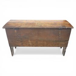 18th century oak coffer, with patinaed plank top, with iron strap hinges and latch 