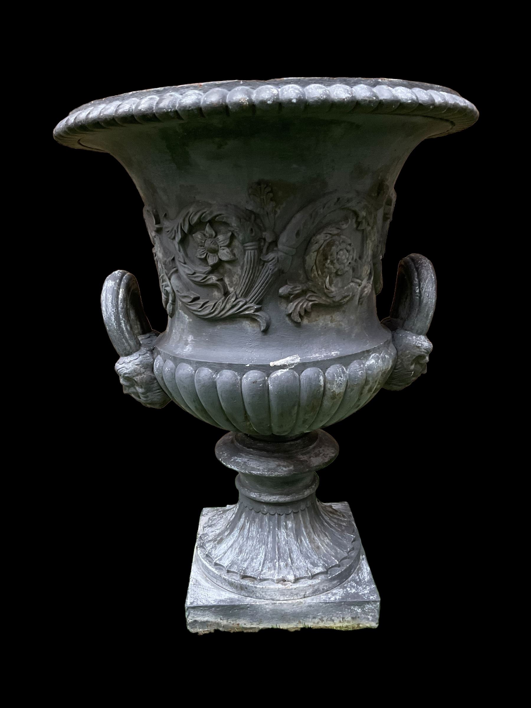 Pair of Victorian ornate cast iron garden urns, painted in grey finish - THIS LOT IS TO BE COLLECTED BY APPOINTMENT FROM DUGGLEBY STORAGE, GREAT HILL, EASTFIELD, SCARBOROUGH, YO11 3TX