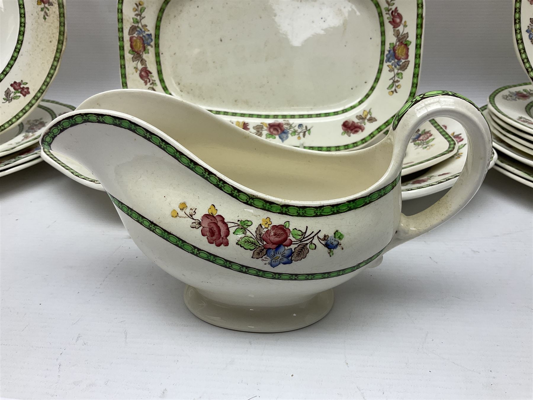 Copeland Spode, Spode's Glory pattern part dinner service, comprising two covered tureens, six dinner plates, six side plates, six dessert plates, sauce jug, three serving dishes of various sizes   