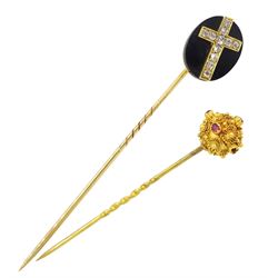 19th century 14ct gold black glass stick pin,with applied gold old cut diamond cross, glazed back with detachable pin and one other gold ruby stick pin with cannetille decoration
