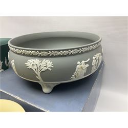 Wedgwood Jasperware footed bowl, decorated with classical female figures on a grey ground, together with a similar blue pedestal bowl and black basalt bowl, a teal vase, pale yellow planter decorated with prunus blossom, and a pair of small black trinket dishes, decorated with red crocodiles to centre and floral border, each with impressed mark beneath 