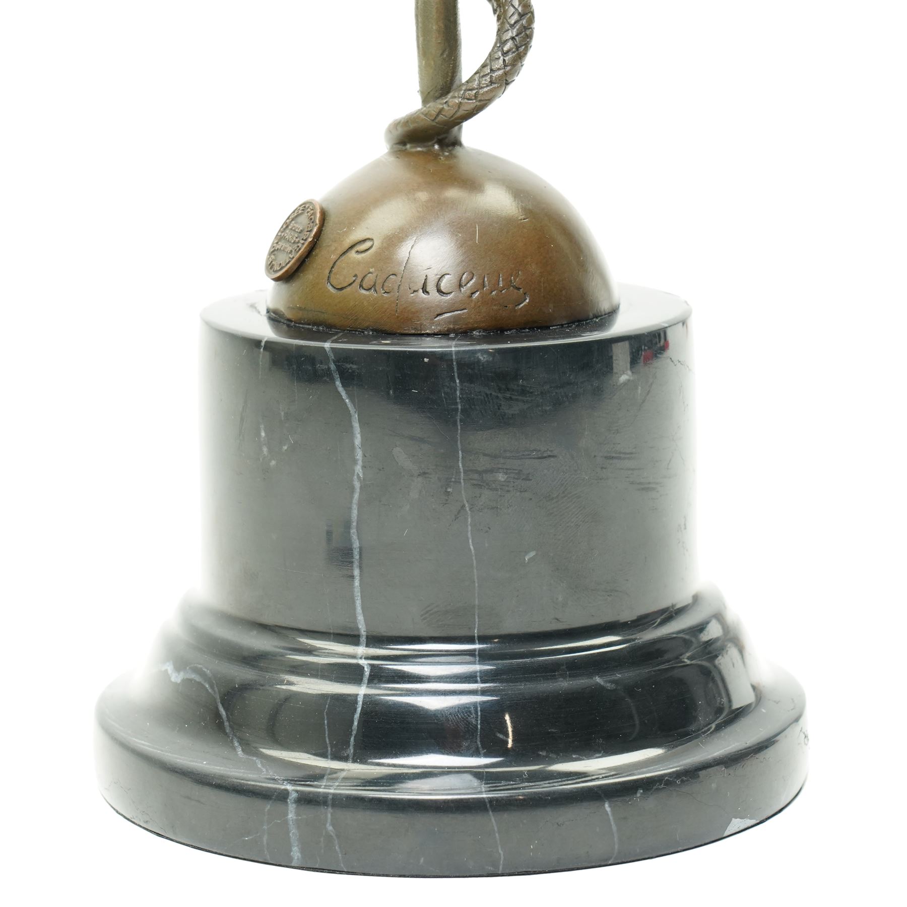 Bronze of the Staff of Asclepius with foundry mark on marble base H38cm