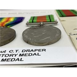 WWI pair of medals comprising British War Medal and Victory Medal awarded to 2nd Lieutenant C.T. Draper; and WWII Defence Medal awarded to Captain C.T. Draper with War Office letter of confirmation; all with ribbons (3)