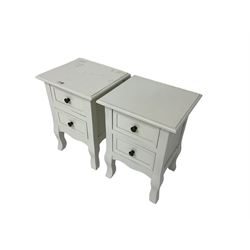Pair white finish bedsides, fitted with two drawers on shaped supports