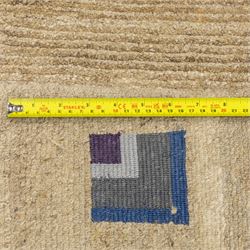 Rugs by Design - ‘Silk Stone’ Nepalese thick pile wool rug, with plain textured camel ground and geometric border detail in blue, grey and dark tones to all four sides