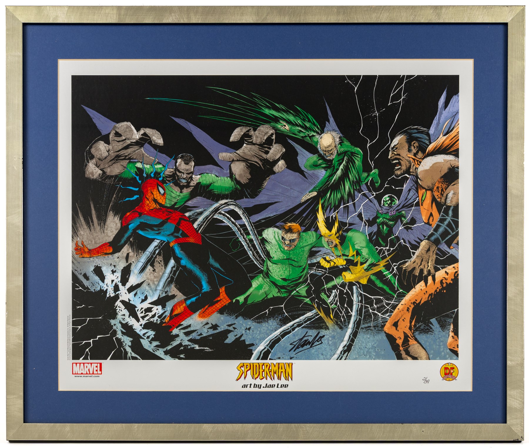 Limited edition signed lithograph 'Spider-Man vs. Sinister Six' signed by Stan Lee, artwork by Jae Lee, limited edition no. 2 of 39, framed with Dynamic Forces certificate of authenticity, artwork H37.5cm, W50cm