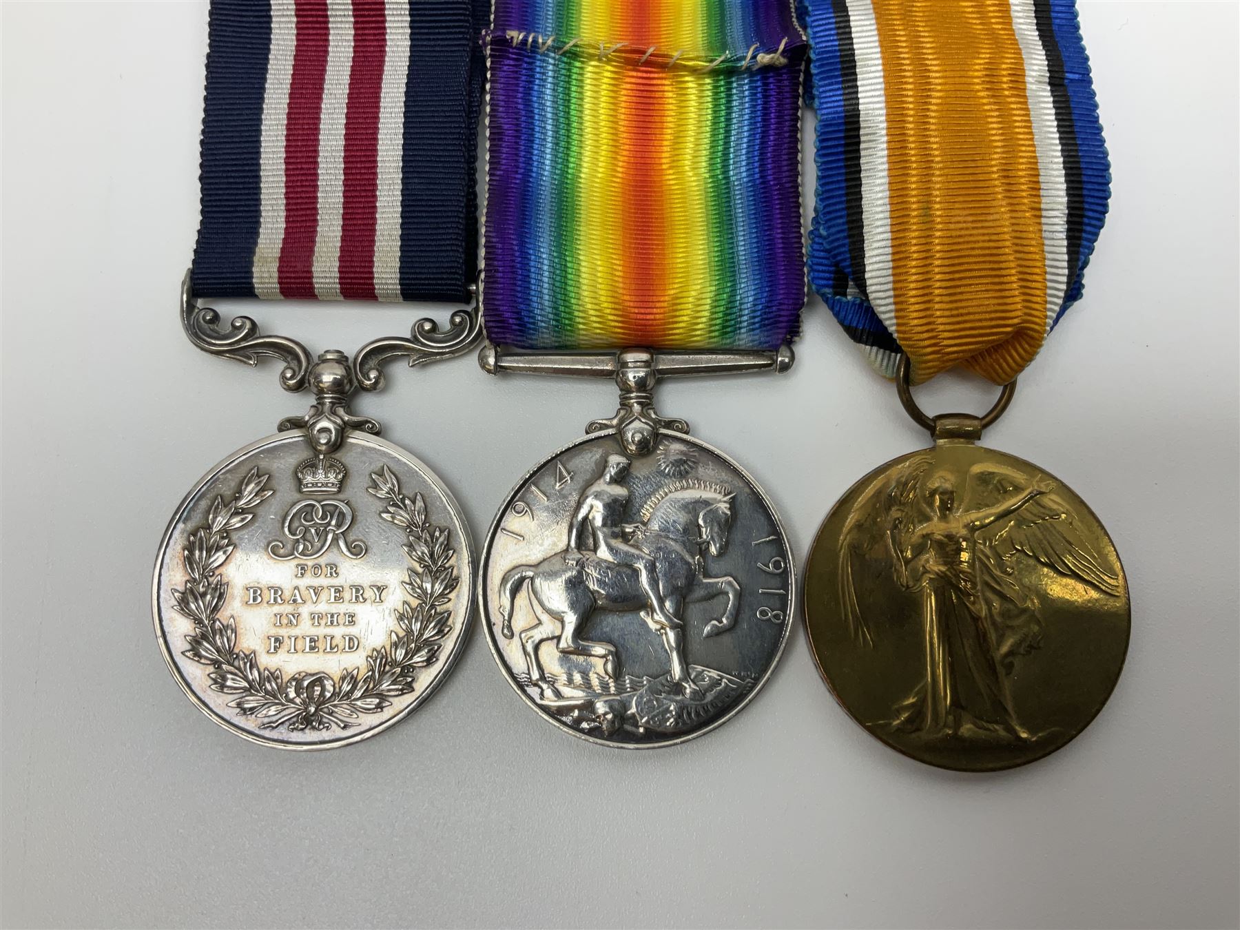 WW1 Military Medal group of three comprising MM, British War Medal and Victory Medal awarded to 44772 Pte. T. Clamp 5/York: & Lanc: R.; all with ribbons on hanging bar