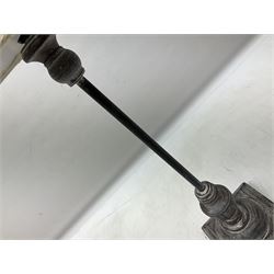 Table lamp, with a thin central stem upon a square stepped base, natural linen shade