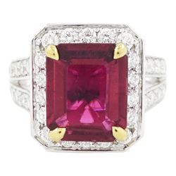 18ct white gold rubellite tourmaline and diamond cluster ring, single octagonal cut tourma...