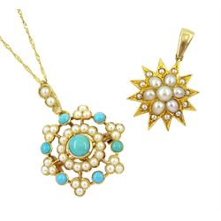 Early 20th century 15ct gold split pearl star pendant and a 15ct gold turquoise and split pearl pedant / brooch, with detachable bail, on later 9ct gold chain