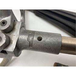 Early 20th century curved horn handle walking stick with hallmarked silver mounts, engraved L Russell 1918, together with a shooting stick by William Mills Birmingham, with leather handle, 'The Featherwaite' shooting stick and an umbrella with wooden handle