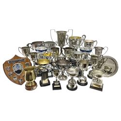 Collection of silver plated and metal trophy cups and winners plaques, all relating to the Burniston and District Show, most engraved with competitions and winner's names, in three boxes 