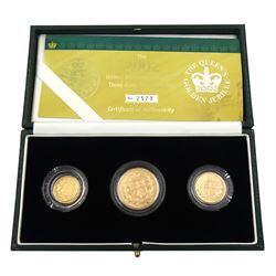 Queen Elizabeth II 'Golden Jubilee' gold proof three-coin shield back sovereign set, comprising double sovereign, full sovereign and half sovereign, cased with certificates