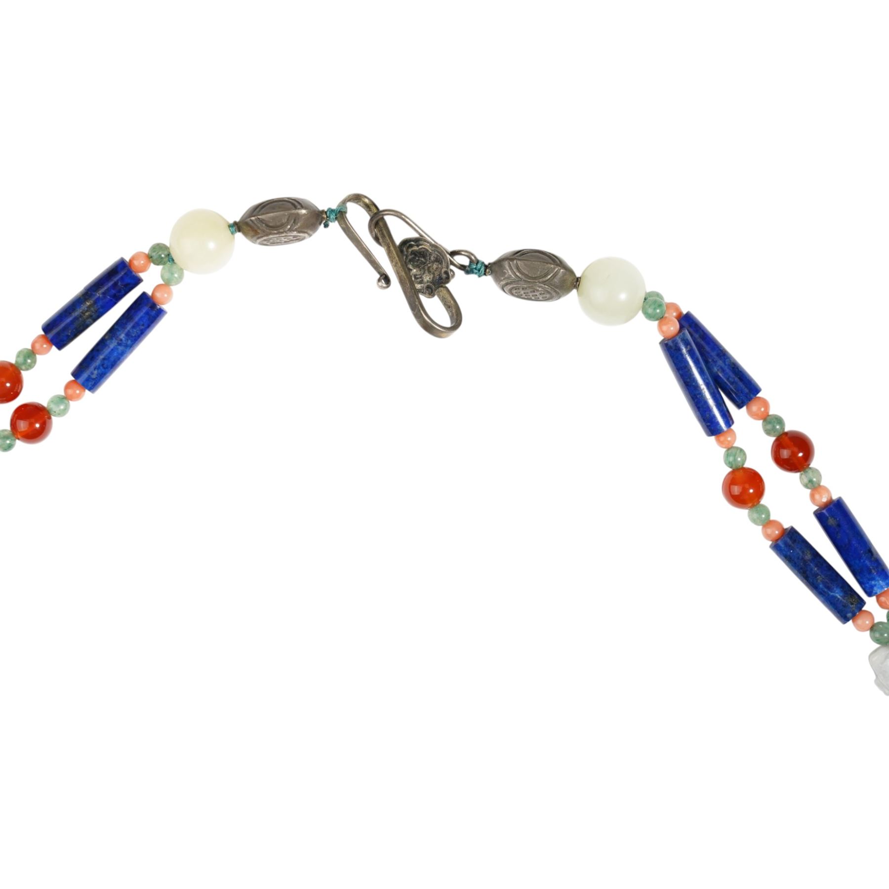 Chinese stone set necklace, with carved buddha disc, carved agate rabbits, lapis lazuli bi disc beads, coral and other hardstone beads