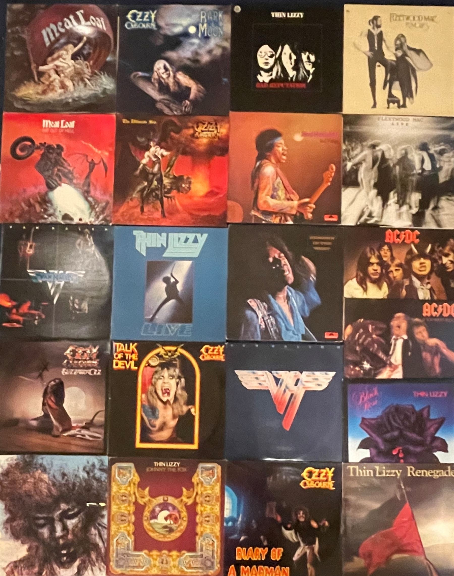 Classic Rock / Rock / Metal LP's: ACDC - Highway to Hell & If You Want Blood, Fleetwood Mac Live & Rumours, Jimi Hendrix in the West, Isle of Wight, The Cry of Love, Thin Lizzy - Renegade, Black Rose, Live, Bad Reputation & Johnny the Fox, Ozzy Osborne - Diary of a Madman, Van Halen, Meat Loaf etc (20)