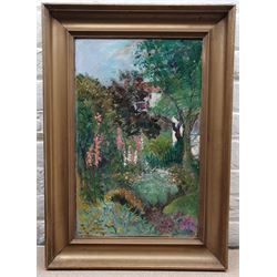H W (British mid 20th century): Cottage Garden, oil on canvas signed with initials 56cm x 35cm