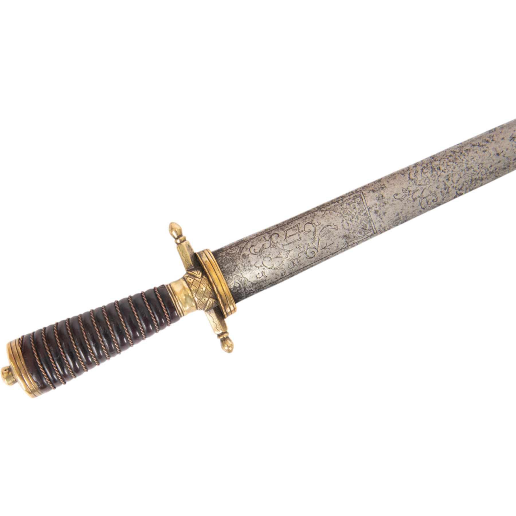 German hunting hanger, with 55cm double edged blade half etched on both sides with scrolling patters and bird, brass hilt with and leather handle with copper wire winding, overall L69cm 