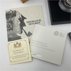 Three The Royal Mint United Kingdom silver proof piedfort fifty pence coins, comprising 2017 'Sir Isaac Newton', 2019 'A Celebration of Sherlock Holmes' and 'Celebrating the Life of Stephen Hawking', all cased with certificates 