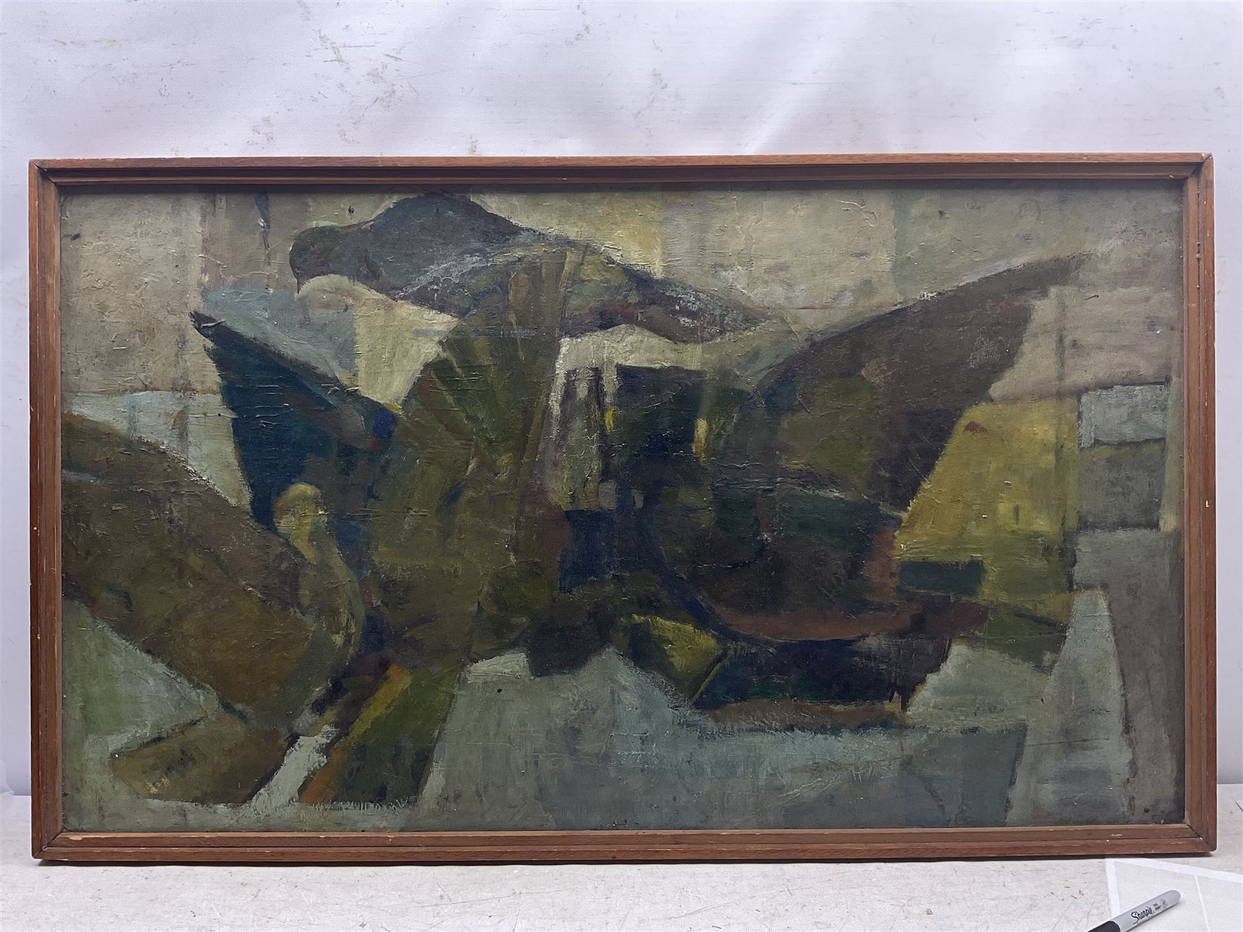 David Williams (Northern British mid 20th century): 'Pigeons', oil on board unsigned, exhibition label verso 59cm x 102cm 
Provenance: exh. Cartwright Hall Art Gallery, Bradford 1961 No.151, where sold for £40, label verso. We are grateful to Bradford District Museums and Galleries for their assistance in cataloguing this lot.