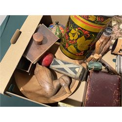 Indian bone box, leather pen tray and blotter, wooden duck, various carvings etc, in one box 