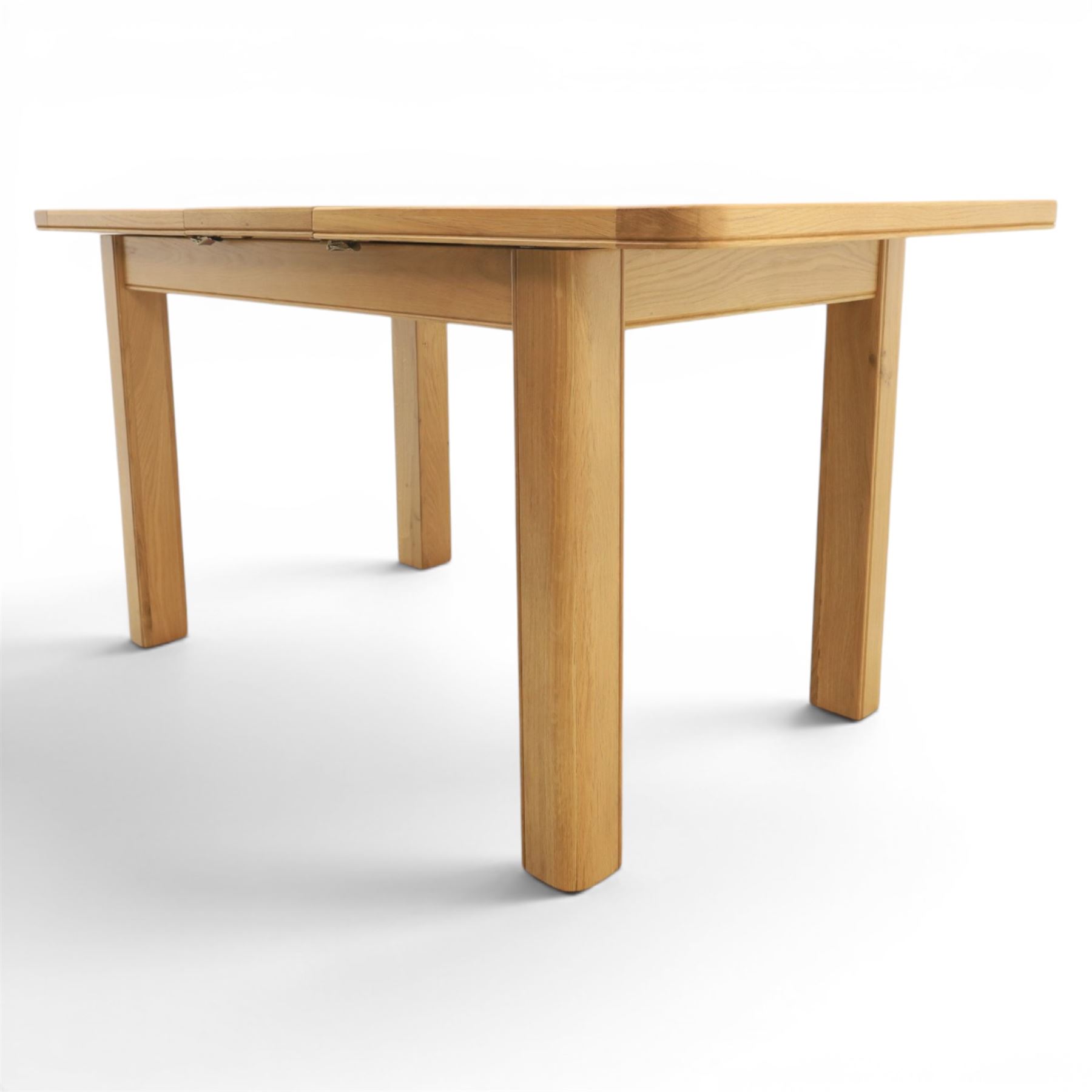 Modern oak extendable table and four chairs, extending top with stowable leaf (Extends to 152cm), chairs with brown upholstery and tapered square legs