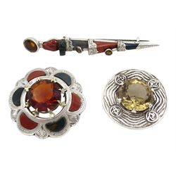 Victorian Scottish silver agate and paste stone set dirk brooch and two other Scottish silver stone set brooches