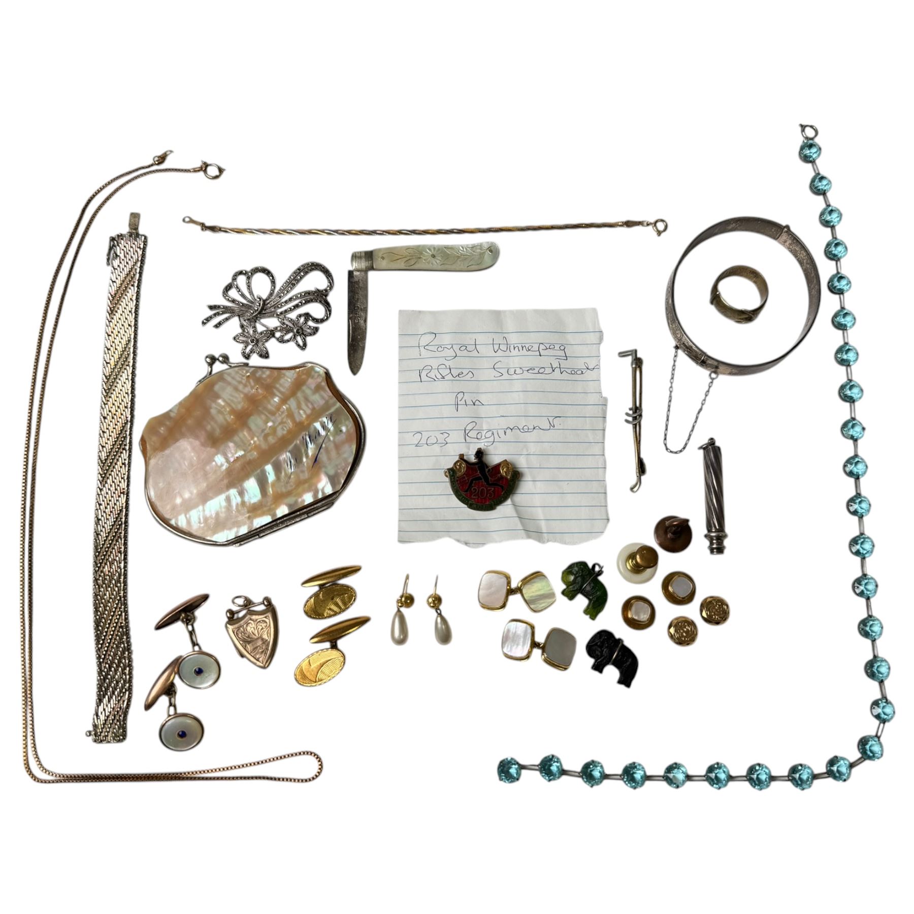 9ct three tone gold bracelet, hallmarked, pair of 9ct gold faux pearl screw back earrings, stamped 9ct, silver jewellery including bracelet, buckle ring and bangle, silver mother of pearl handled fruit knife and a collection of costume jewellery