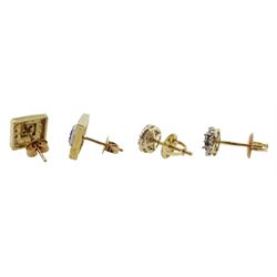 Pair of blue and white diamond square cluster stud earrings and a pair of gold fancy champagne and white diamond circular cluster screw back stud earrings, both 9ct