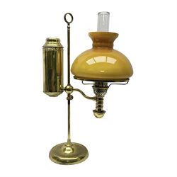  Brass adjustable student's oil lamp, with yellow glass shade, H52cm