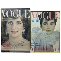 Vintage British Vogue Magazine Cover Posters from Feb, April & August 1981, June 1982, March & June 1983, with cover shots of Lisa Ryall, Susan Hess, Lady Diana Spencer, Jerri Narr, Nancy DeWeir and Beth Rupert,  67cm x 48cm (6)