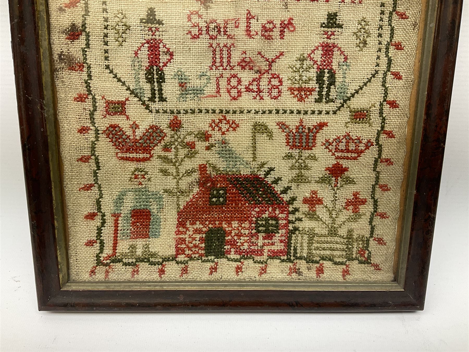 Victorian sampler by Emily Victoria, dated May 1848, worked with the