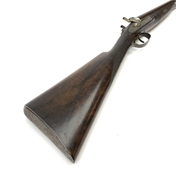 19th century Newton King Street Manchester 12-bore pin-fire side-by-side double barrel hammer shotgun with thumb operated hinged opening, walnut stock and 75.5cm damascus barrels, No.12, L118cm overall 
