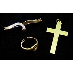 18ct gold signet ring with engraved initial, London1925, gold cross hallmarked 9ct and a gold bar brooch, stamped 9ct