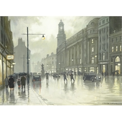  Steven Scholes (Northern British 1952-): 'A Wet Evening in Manchester 1950', oil on canvas signed 29cm x 39cm  