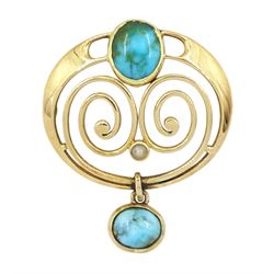 Murrle Bennett Art Nouveau turquoise and seed pearl brooch, stamped 15ct